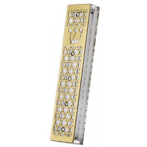 Dorit Judaica Gold Stainless Steel Mezuzah Case, Crystals - Stars of David