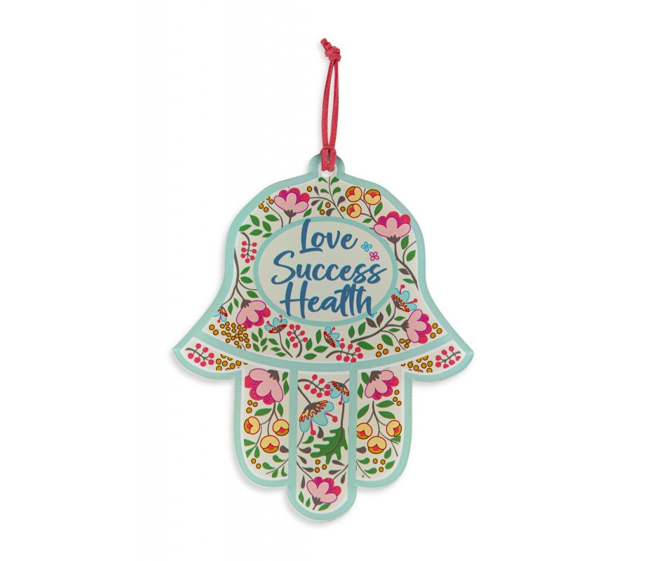 Dorit Judaica Hamsa Lucite Wall Hanging, Colorful Flowers, English Blessing Words