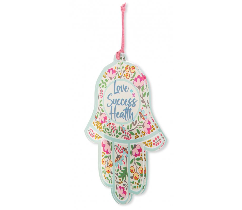 Dorit Judaica Hamsa Lucite Wall Hanging, Colorful Flowers, English Blessing Words