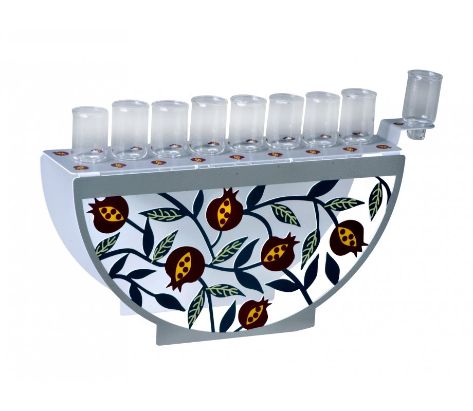 Dorit Judaica Hanukkah Menorah for Oil with Arc Front - Colorful Pomegranates