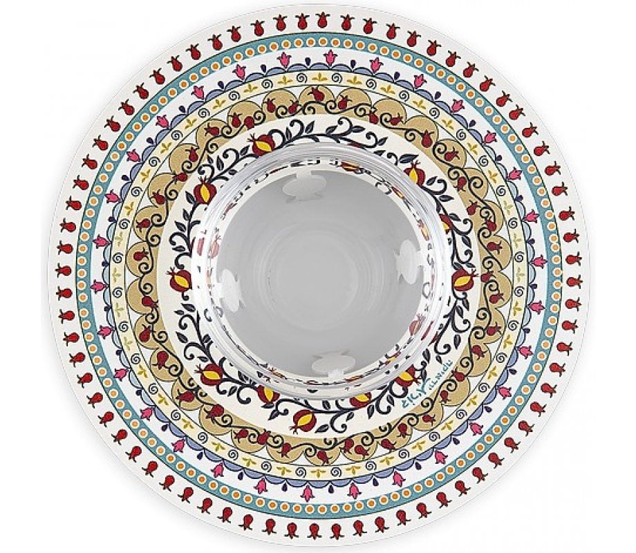 Dorit Judaica Honey Dish, Glass Bowl - Laser Cut Metal Pomegranate Mandala Design