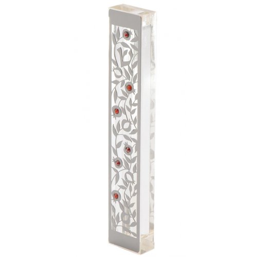 Dorit Judaica Large Lucite Metal Mezuzah Case Pomegranates Red