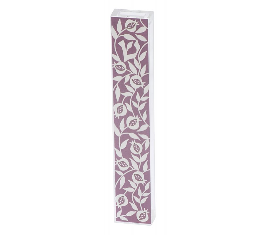 Dorit Judaica Large Lucite Mezuzah Case Pomegranates on Mauve