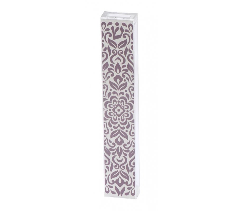 Dorit Judaica Large Lucite Mezuzah Case Flowers Mauve and White