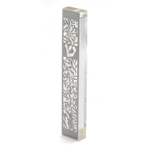 Dorit Judaica Large Lucite Mezuzah Case, Leaves and Flowers with Crystals - Clear