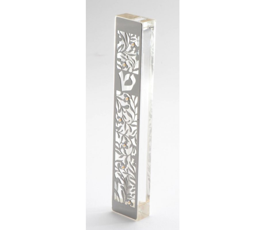Dorit Judaica Large Lucite Mezuzah Case, Leaves and Flowers with Crystals - Clear