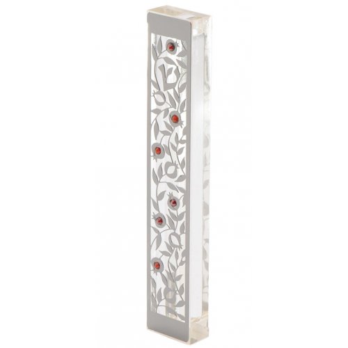 Dorit Judaica Large Lucite Mezuzah Case, Pomegranate Overlay with Crystals - Red