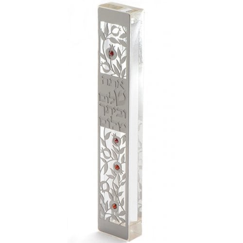 Dorit Judaica Large Lucite Mezuzah Case, Pomegranates and Shalom - Red Crystals