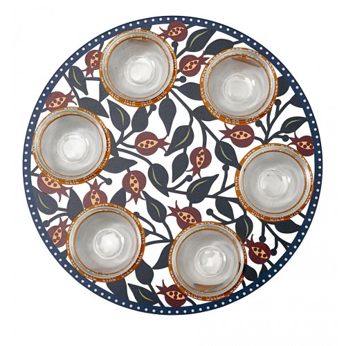 Dorit Judaica Laser Cut Seder Plate Colorful Pomegranates - Glass Bowls