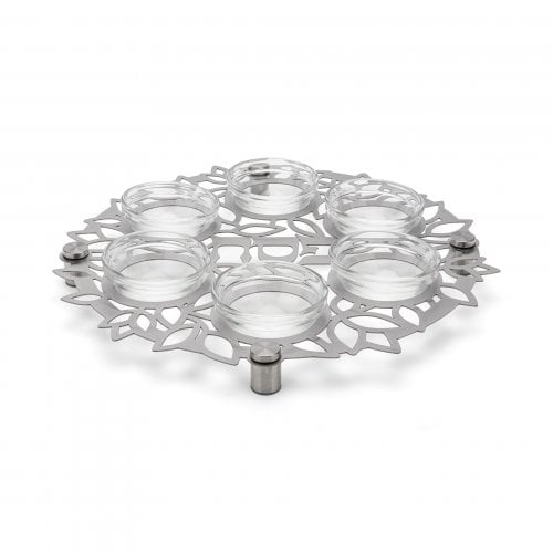 Dorit Judaica Laser Cut Seder Plate with Cutout Flowers and Glass Bowls