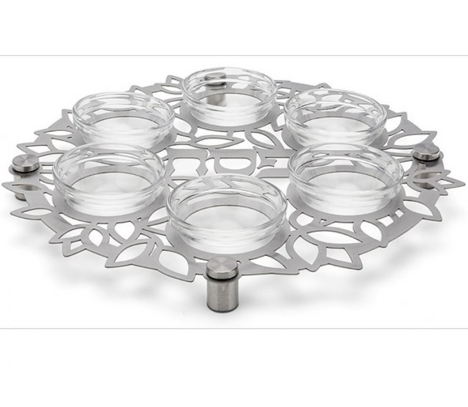 Dorit Judaica Laser Cut Seder Plate with Cutout Flowers and Glass Bowls