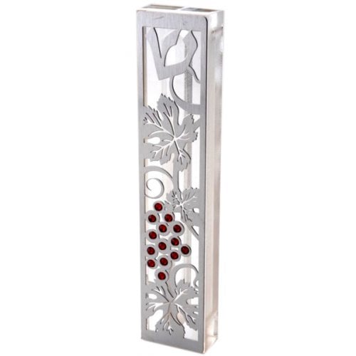 Dorit Judaica Laser Cut Steel Mezuzah Case Grapes - Red Swarovski Stones