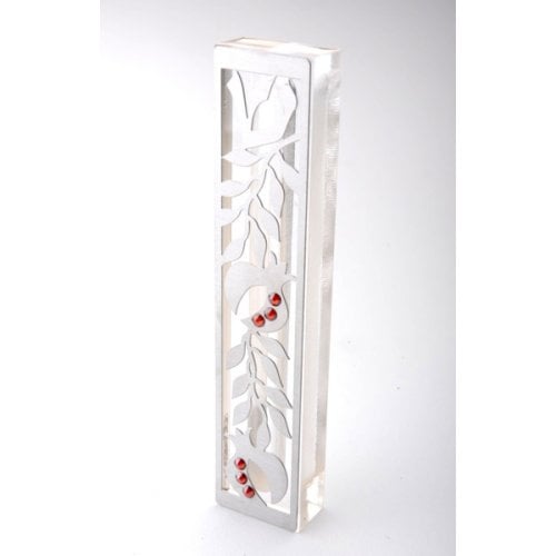 Dorit Judaica Laser Cut Steel Mezuzah Case Pomegranates - Red Swarovski Stones