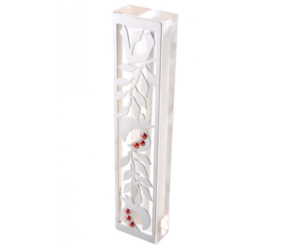 Dorit Judaica Laser Cut Steel Mezuzah Case Pomegranates - Red Swarovski Stones