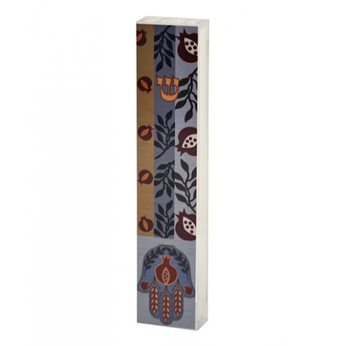 Dorit Judaica Lucite Mezuzah Case Colorful Aluminum Print - Hamsa & Pomegranates