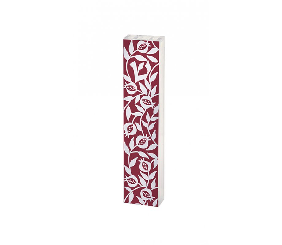 Dorit Judaica Lucite Mezuzah Case, Repeating Pomegranates - Red and White