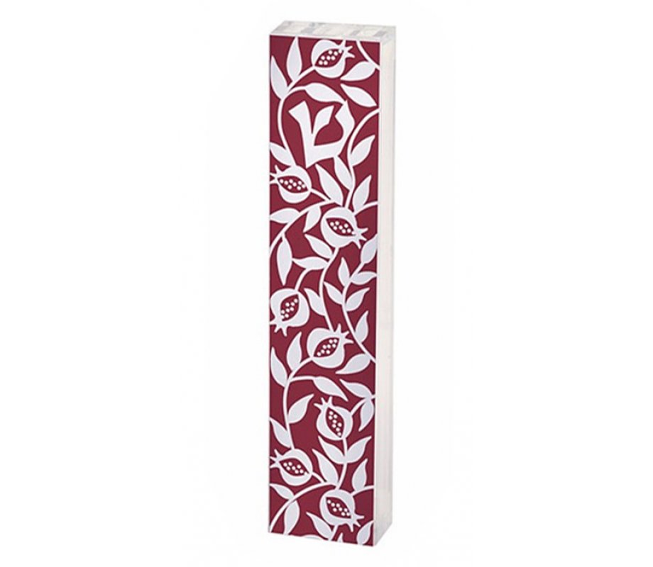 Dorit Judaica Lucite Mezuzah Case, Repeating Pomegranates - Red and White