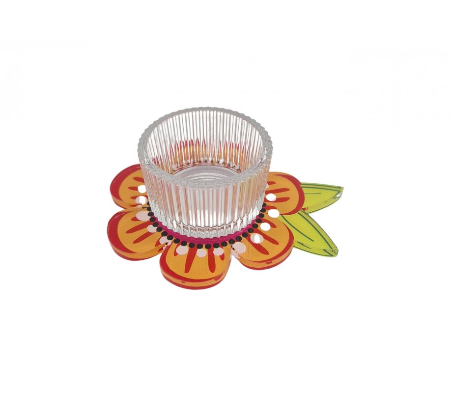 Dorit Judaica Lucite Shabbat Single Candlestick, Small - Red and Orange Flower