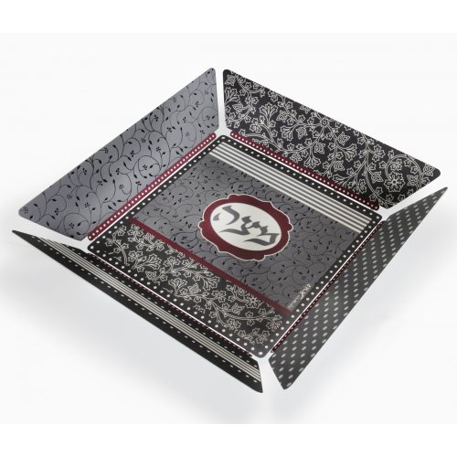 Dorit Judaica Matzah Tray with Flower and Leaf Design - Maroon and Black