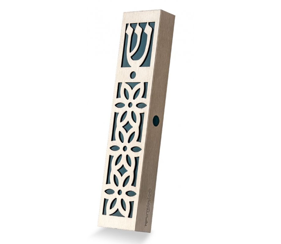 Dorit Judaica Mezuzah Case Stainless Steel, Cutout Flower Design - Dark Green