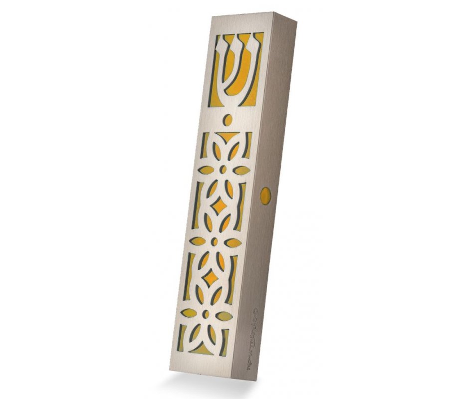 Dorit Judaica Mezuzah Case Stainless Steel, Cutout Flower Design – Mustard