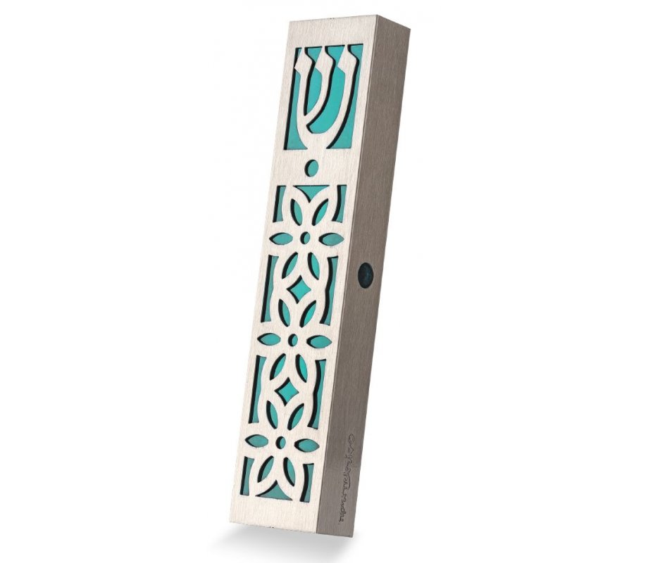 Dorit Judaica Mezuzah Case Stainless Steel, Cutout Flower Design - Turquoise