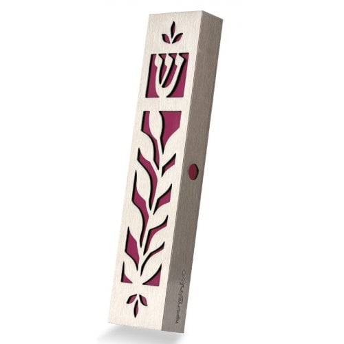 Dorit Judaica Mezuzah Case Stainless Steel, Cutout Leaf Design – Maroon