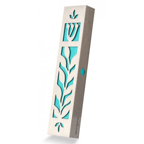 Dorit Judaica Mezuzah Case Stainless Steel, Cutout Leaf Design – Turquoise