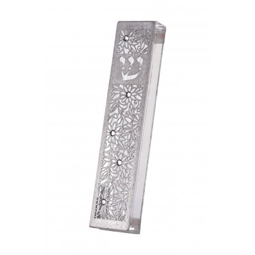 Dorit Judaica Mezuzah Case with Cutout Steel, Clear Crystals - Flowerburst