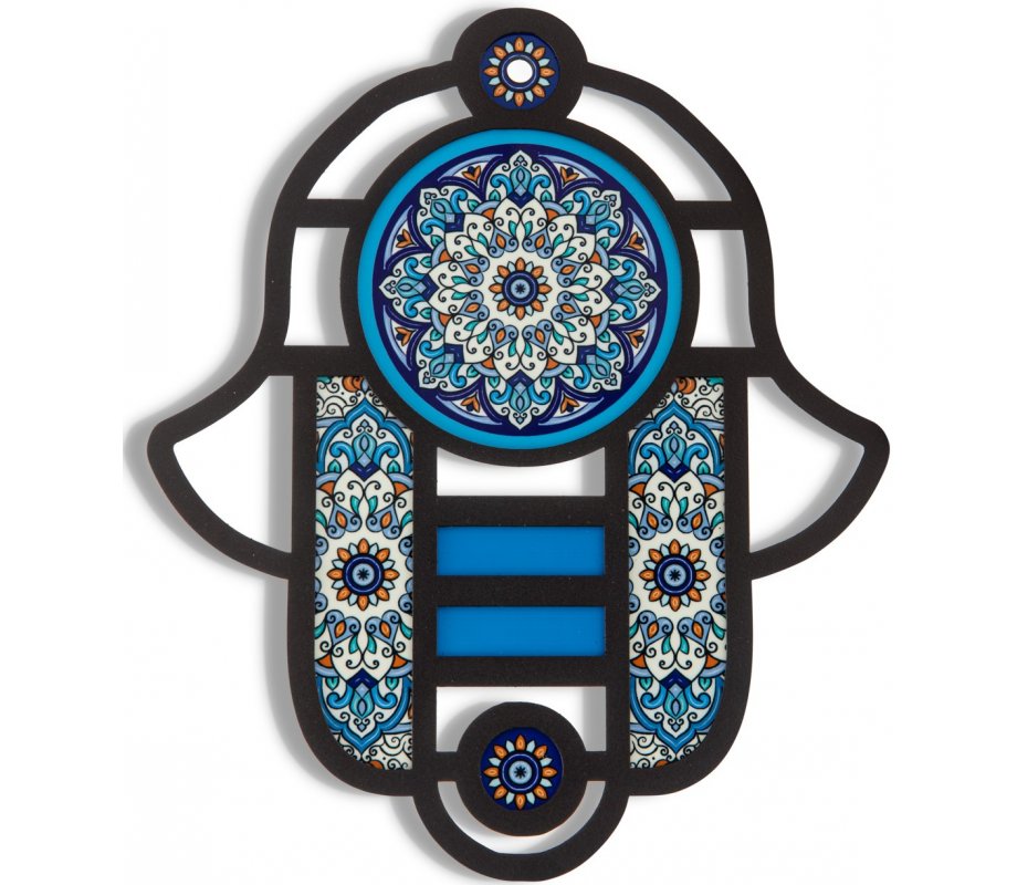 Dorit Judaica Modern Hamsa in Stained Glass Art Style – Floral Design in Blue