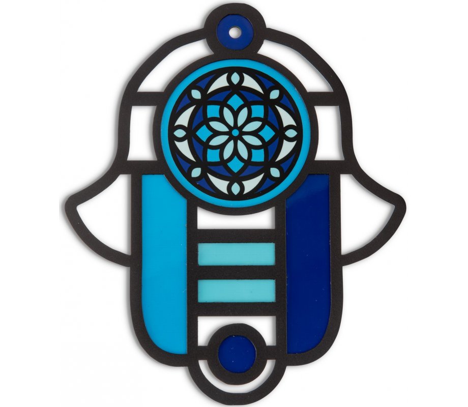 Dorit Judaica Modern Wall Hamsa in Stained Glass Art, Floral Eye – Blue Shades