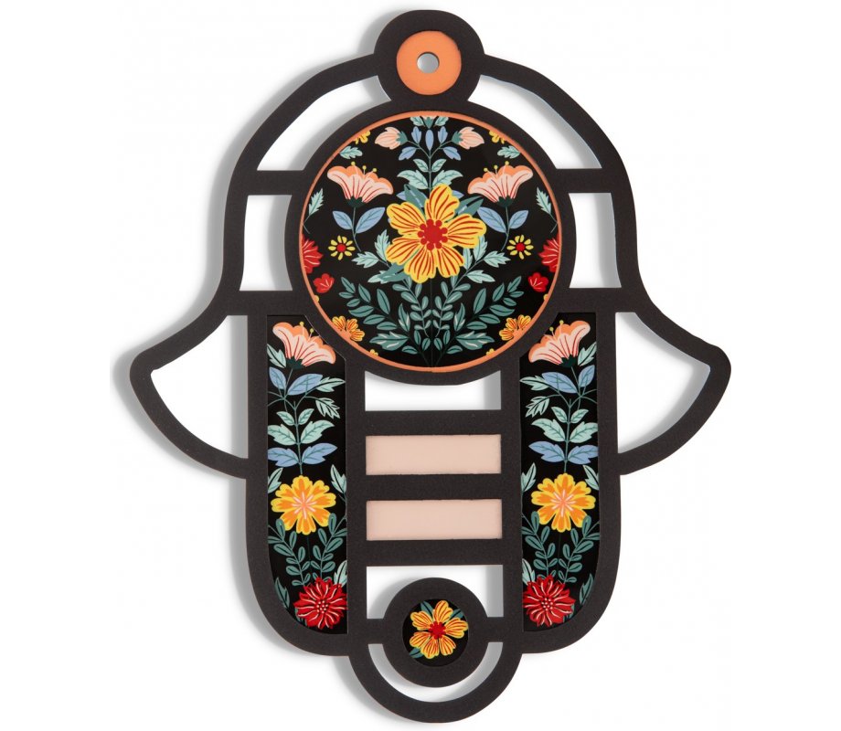 Dorit Judaica Modern Wall Hamsa in Stained Glass Art Style - Colorful Flowers