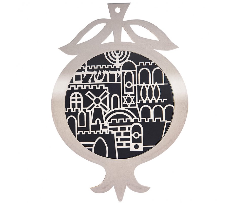 Dorit Judaica Pomegranate Wall Plaque, Cutout Jerusalem Design – Black