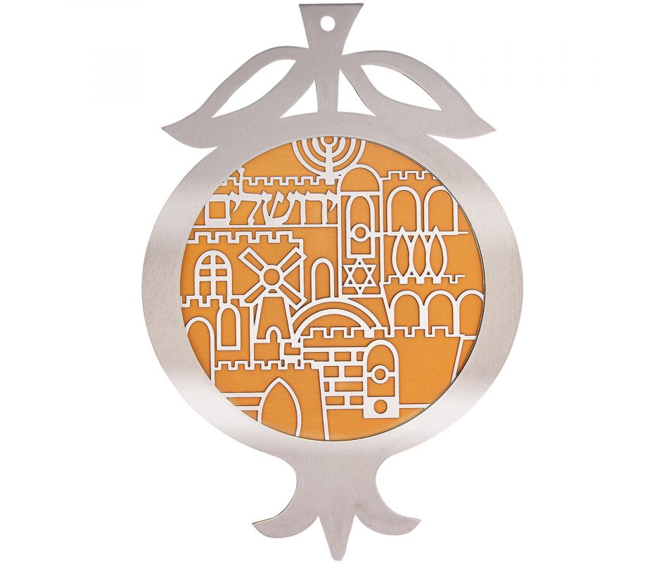 Dorit Judaica Pomegranate Wall Plaque, Cutout Jerusalem Design – Mustard