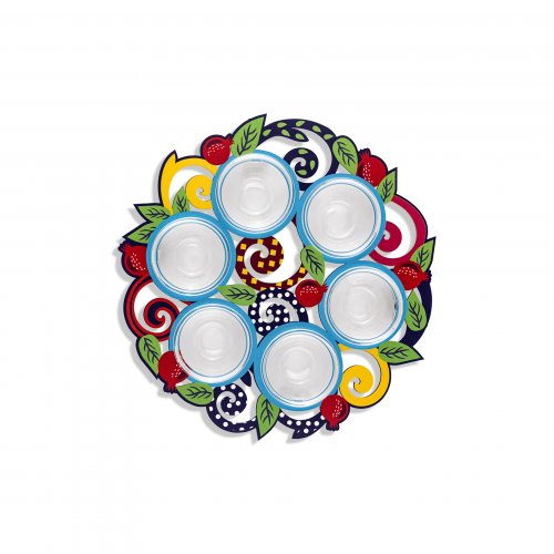 Dorit Judaica Raised Seder Plate  Colorful with Leaves and Pomegranates