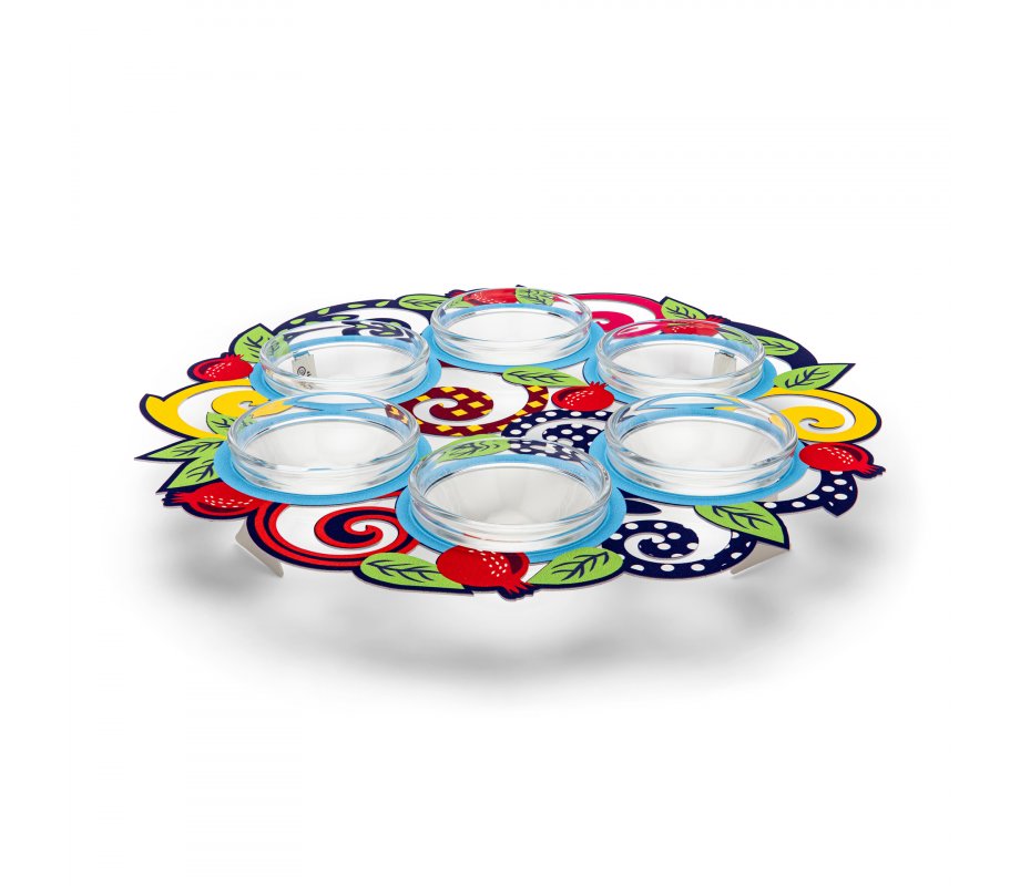 Dorit Judaica Raised Seder Plate  Colorful with Leaves and Pomegranates
