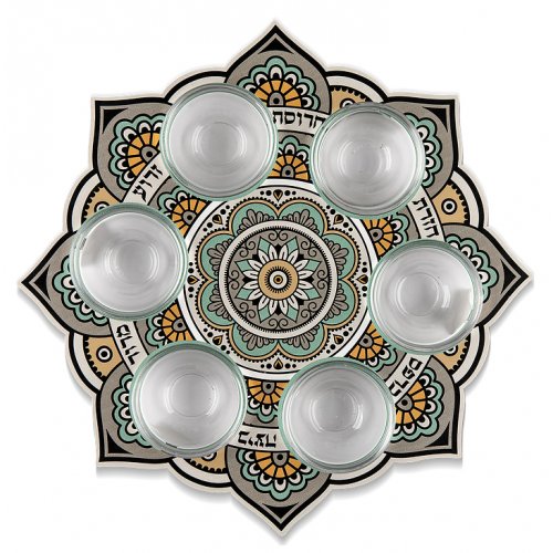 Dorit Judaica Raised Seder Plate with Bowls - Mustard, Gray and Black Mandala