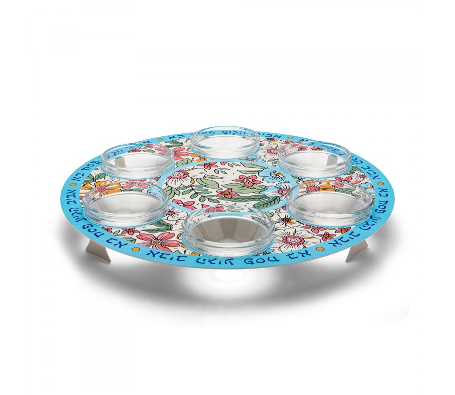 Dorit Judaica Seder Plate  Colorful Floral Display with Hebrew Words on Rim