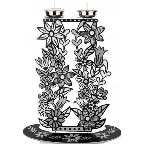 Dorit Judaica Shabbat Candlesticks, Tall Flowers and Leaves - Black, White & Gray