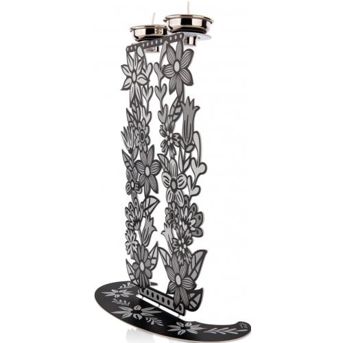 Dorit Judaica Shabbat Candlesticks, Tall Flowers and Leaves - Black, White & Gray