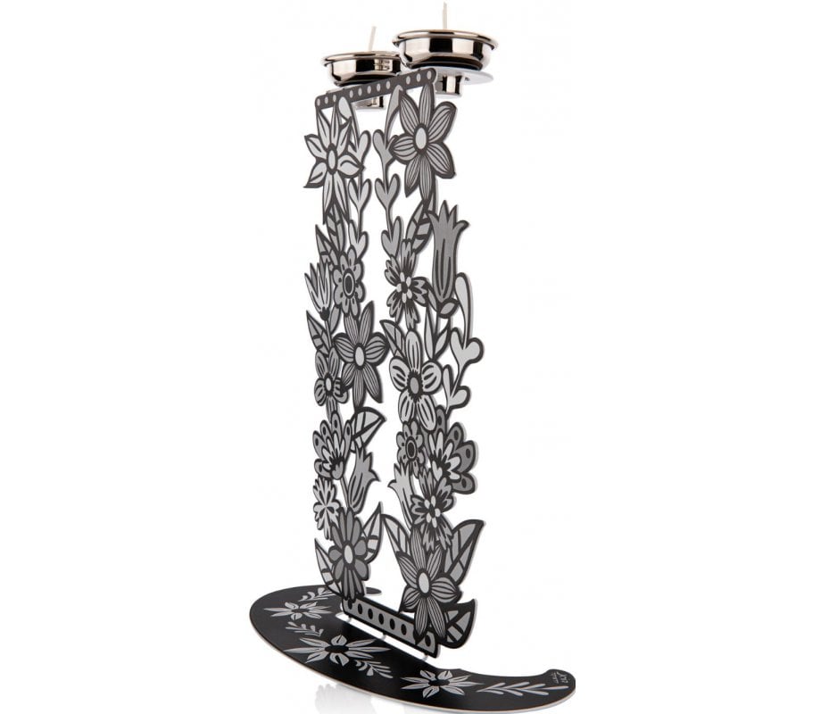 Dorit Judaica Shabbat Candlesticks, Tall Flowers and Leaves - Black, White & Gray
