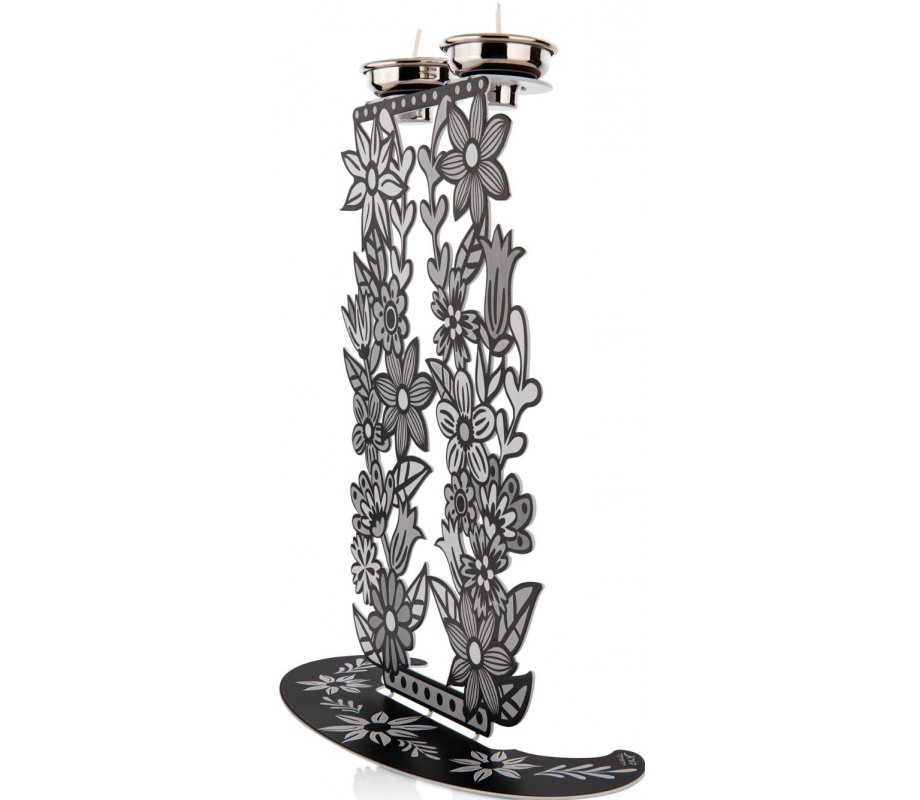 Dorit Judaica Shabbat Candlesticks, Tall Flowers and Leaves - Black, White & Gray
