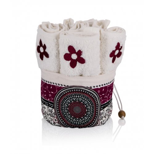 Dorit Judaica Six Flower Hand Washing Towels in Maroon Mandala Decorated Holder