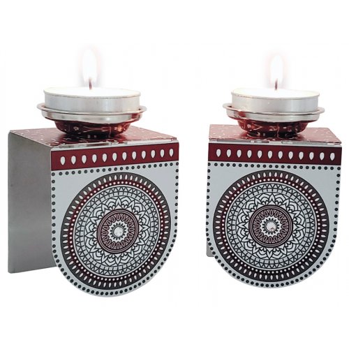 Dorit Judaica Small Shabbat Candlesticks Circular Design - Maroon and Gray