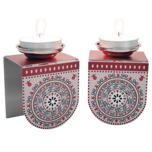 Dorit Judaica Small Shabbat Candlesticks Pomegranate Design - Red and Pink