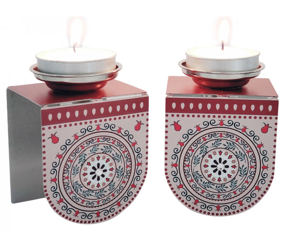 Dorit Judaica Small Shabbat Candlesticks Pomegranate Design - Red and Pink