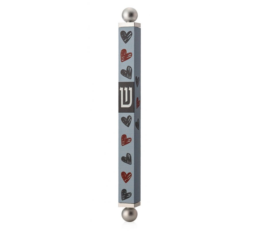 Dorit Judaica Square Tube Mezuzah Case with Knobs – Hearts on Gray Background