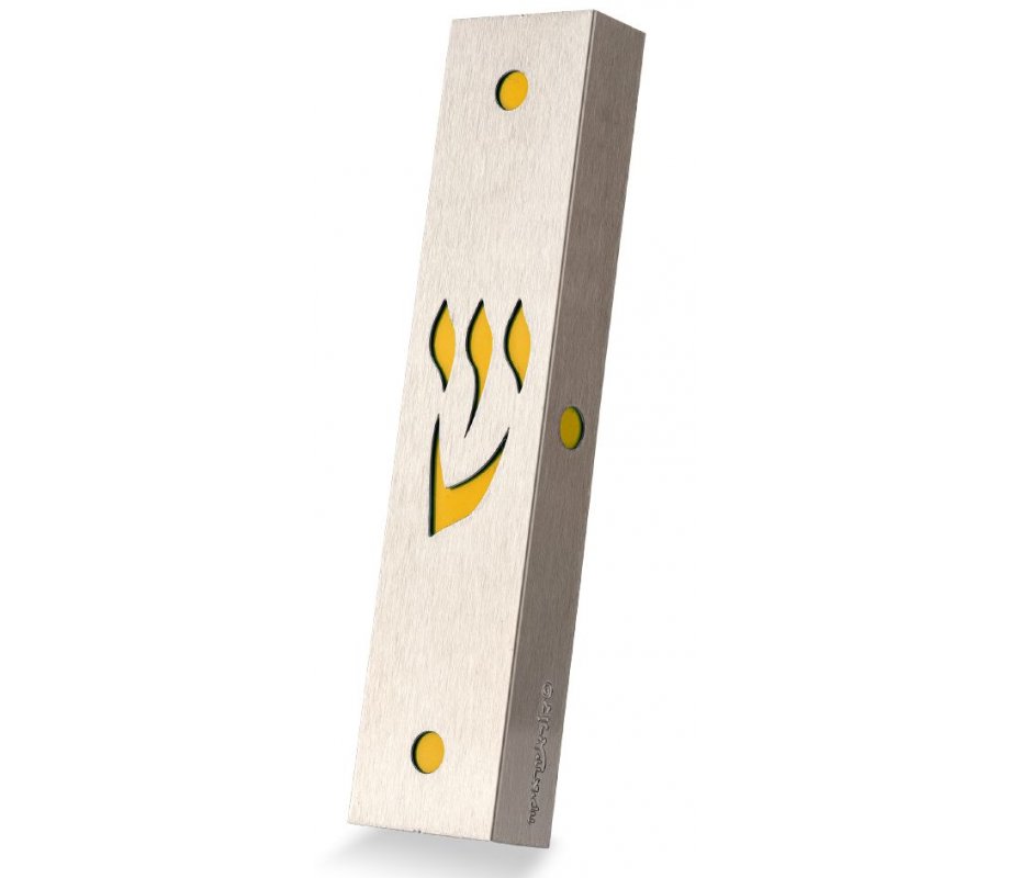 Dorit Judaica Stainless Steel Mezuzah Case, Cutout Shin Letter - Mustard 1 in stock