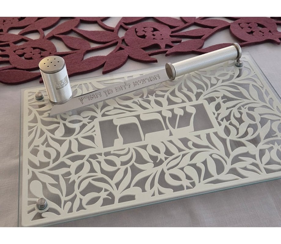 Dorit Judaica Tempered Glass Challah/Candlestick Tray, Pomegranate Design