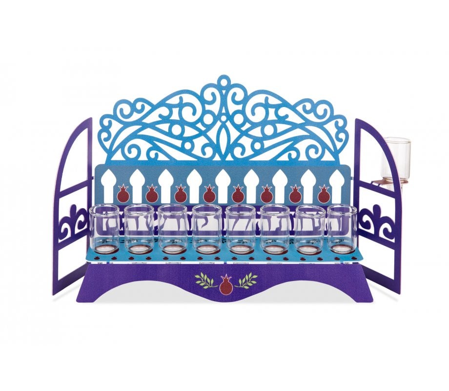 Dorit Judaica Window Chanukah Menorah with Swirls and Pomegranates - For Oil